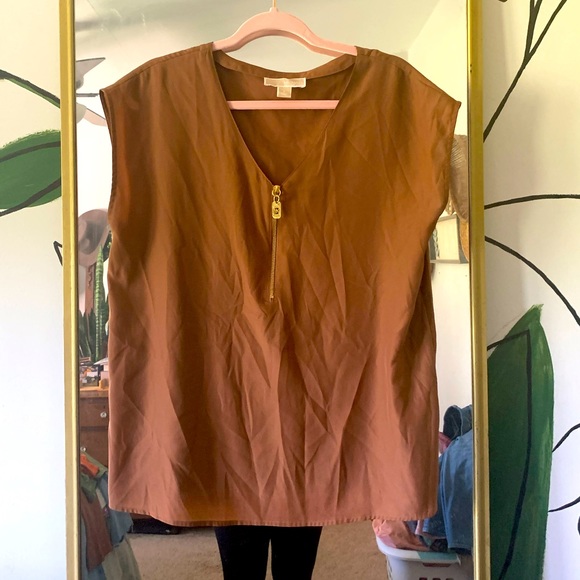 Michael Kors bronze blouse with gold zipper detail women’s large EUC - Picture 1 of 3